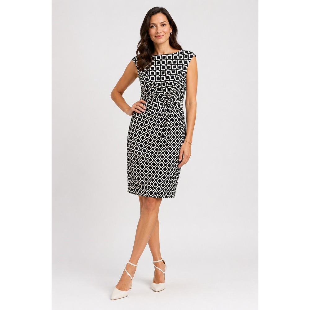 LAUREN Ralph Lauren Sheath Dress Women 12 Gray White Geometric Knot Front Career